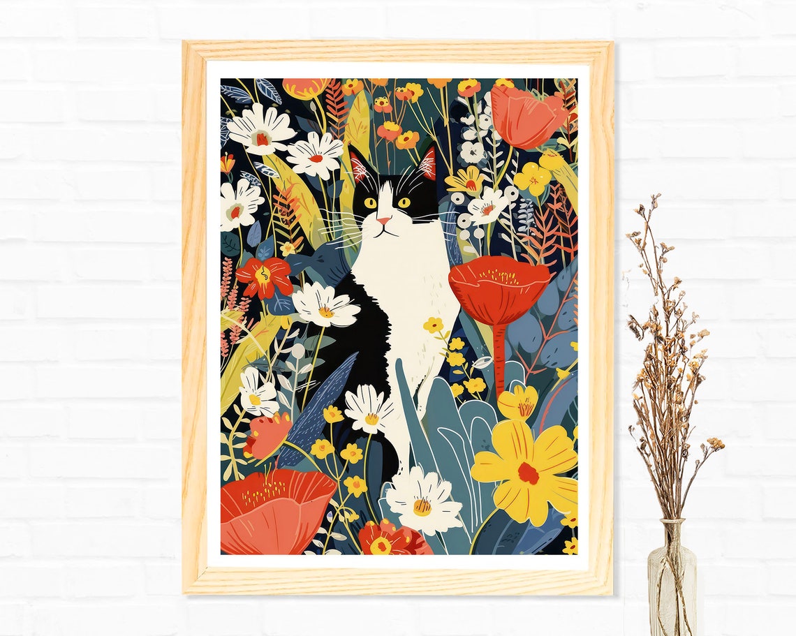 Black and White Cat in Flower Garden Colorful Botanical Cat Art Poster