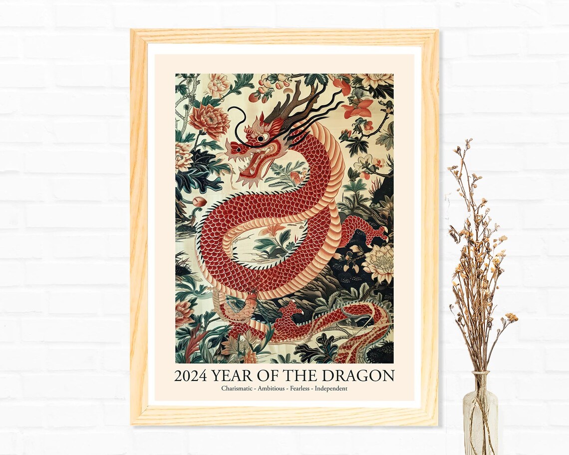 2024 Year of the Dragon Red Chinese Dragon Floral Lunar New Year Poster - Image 3