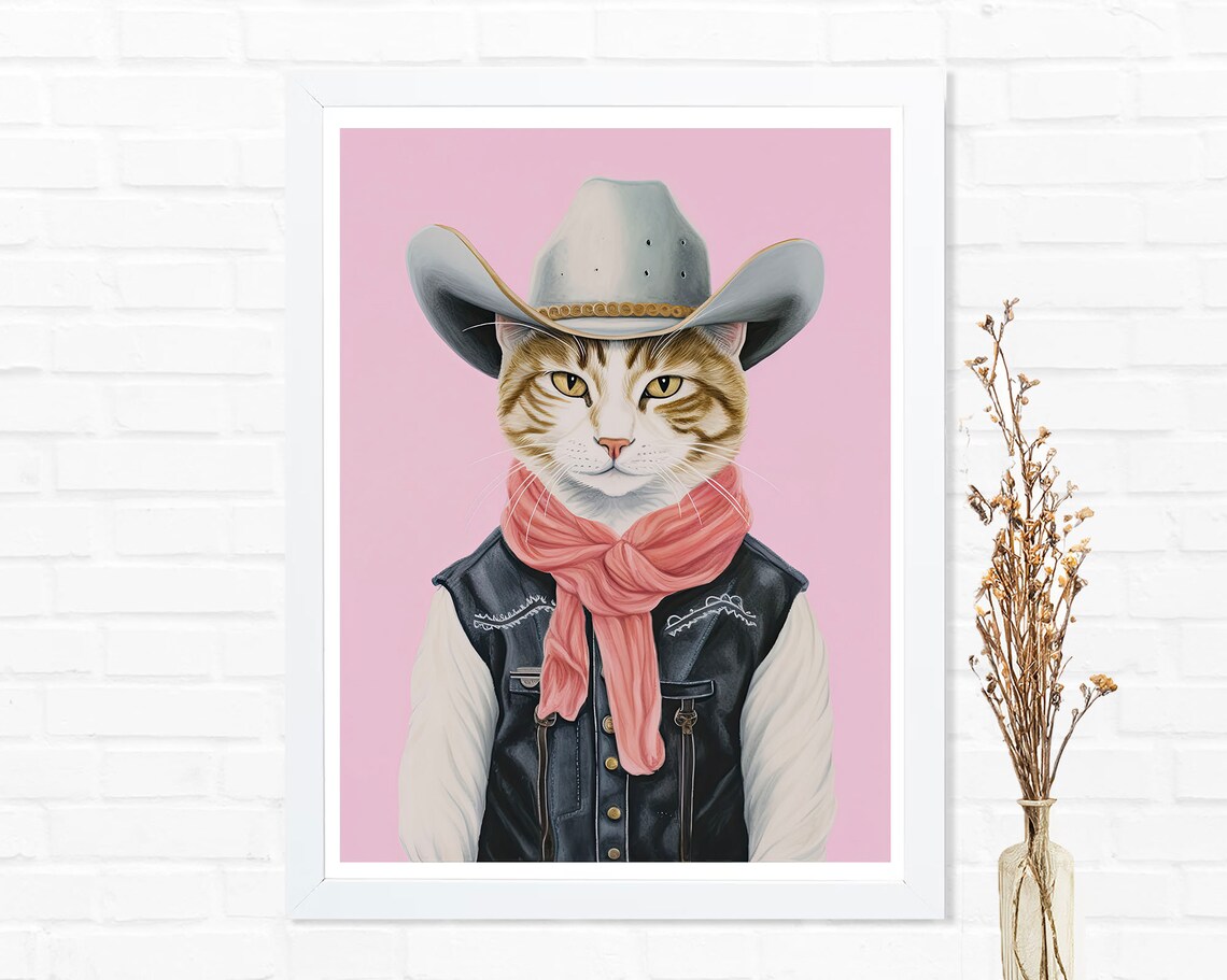 Cowboy Cat Portrait Ginger Cat Western Hat Pink Quirky Pet Decor Poster - Image 2