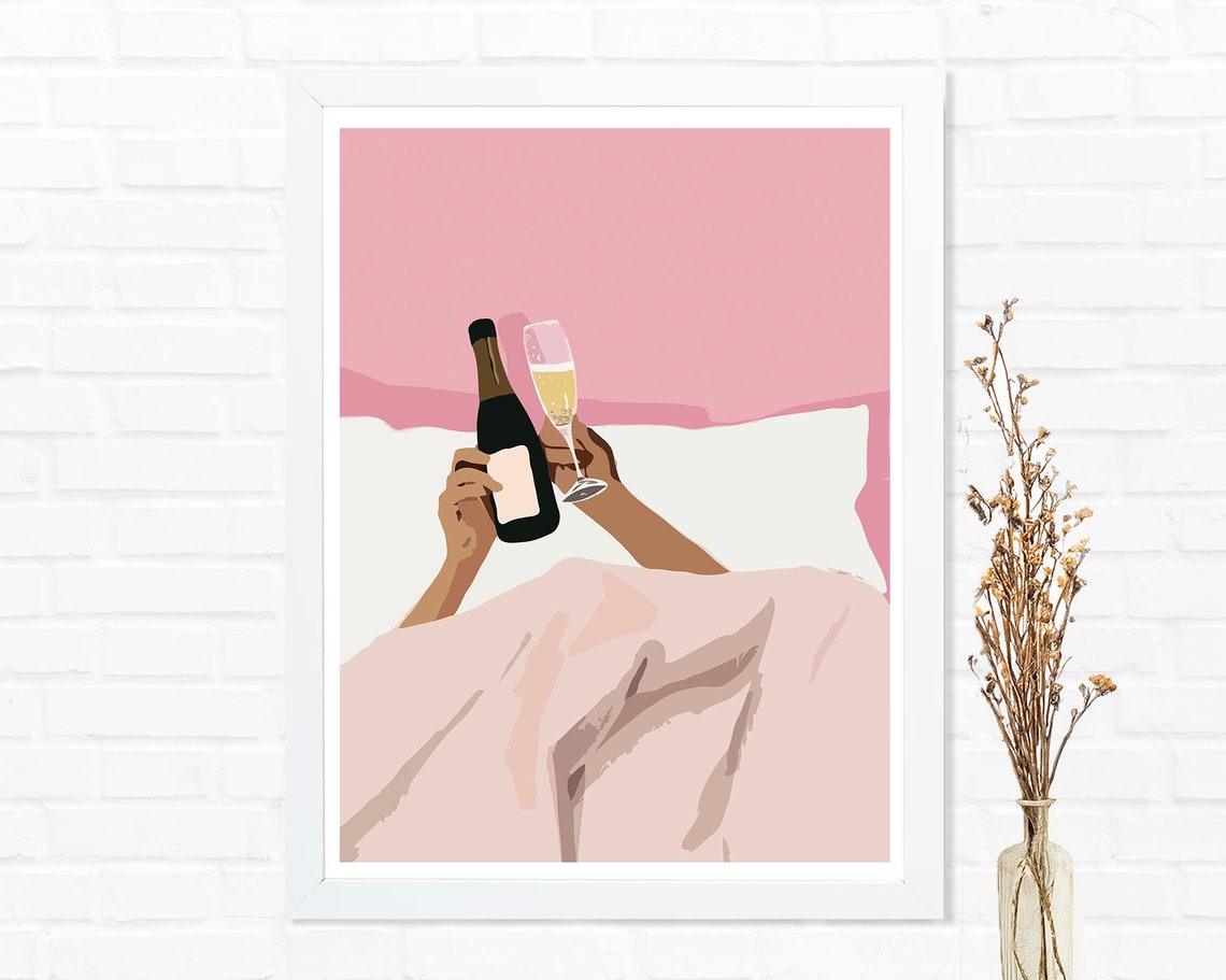 Champagne Bottle and Glass in Bed Pink Minimalist Art Poster - Image 2