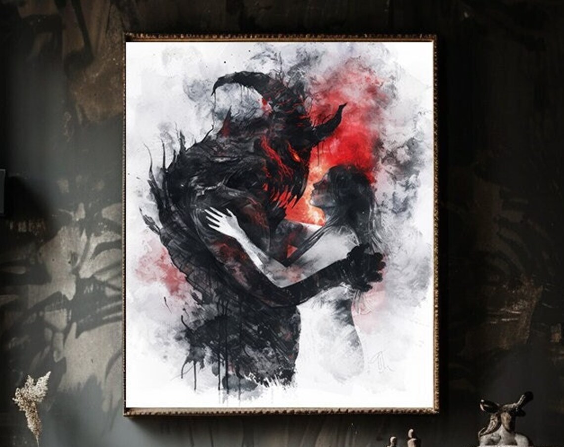 Demon Embracing Woman Dark Watercolor Fantasy Painting Poster