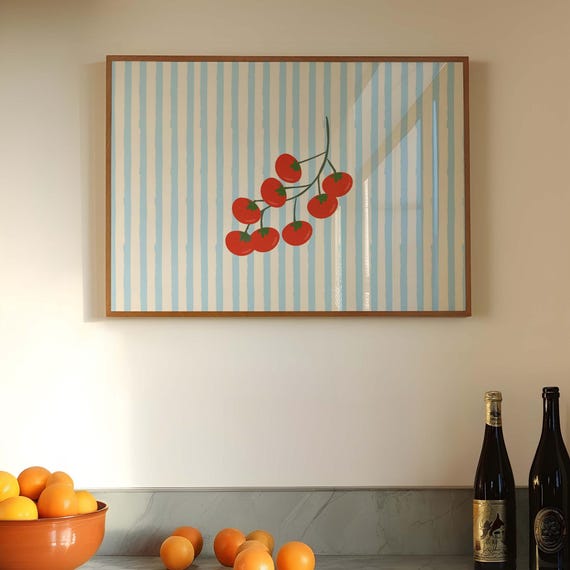 Tomato Print Trendy Kitchen Art Vintage Vegetable Poster Retro Cherry Decor Colorful Foodie Wall Blue Striped