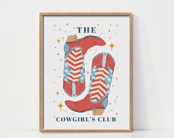 The Cowgirl's Club Red White Blue Cowboy Boots Western Stars Art Poster