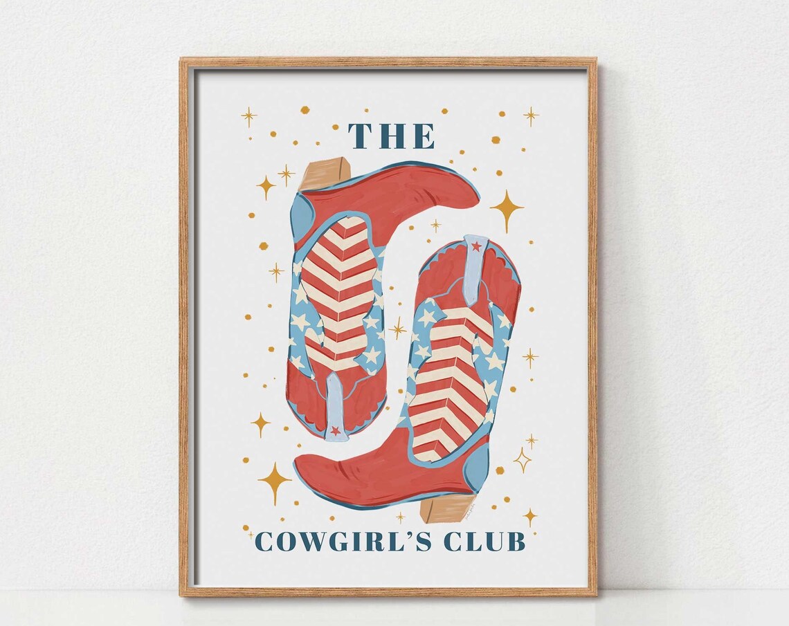The Cowgirl's Club Red White Blue Cowboy Boots Western Stars Art Poster