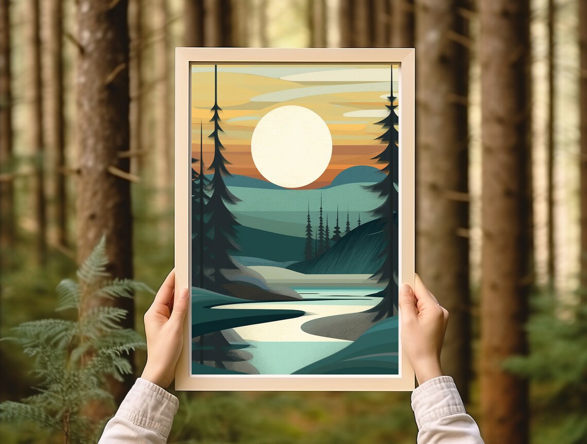 Vintage River Print, Rustic Cabin Nature Art