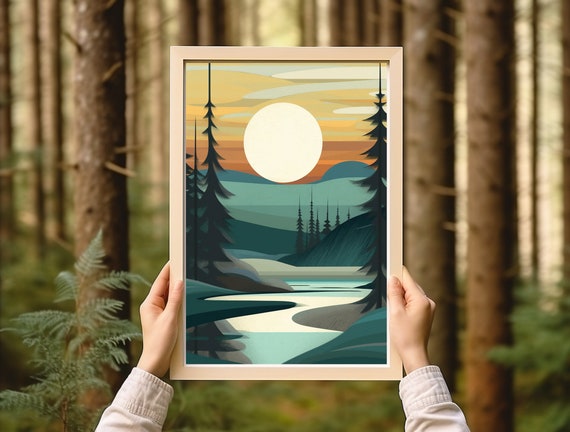 Vintage River Print, Rustic Cabin Nature Art