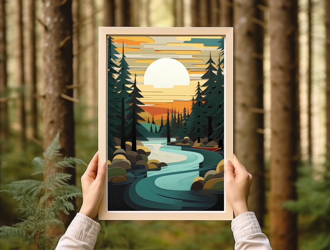 Vintage Pine Tree Sunset Art Print, Lake Superior