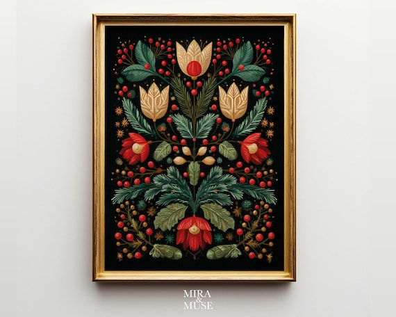 Winter Scandinavian Folk Art Floral Red Tulip Berries Poster