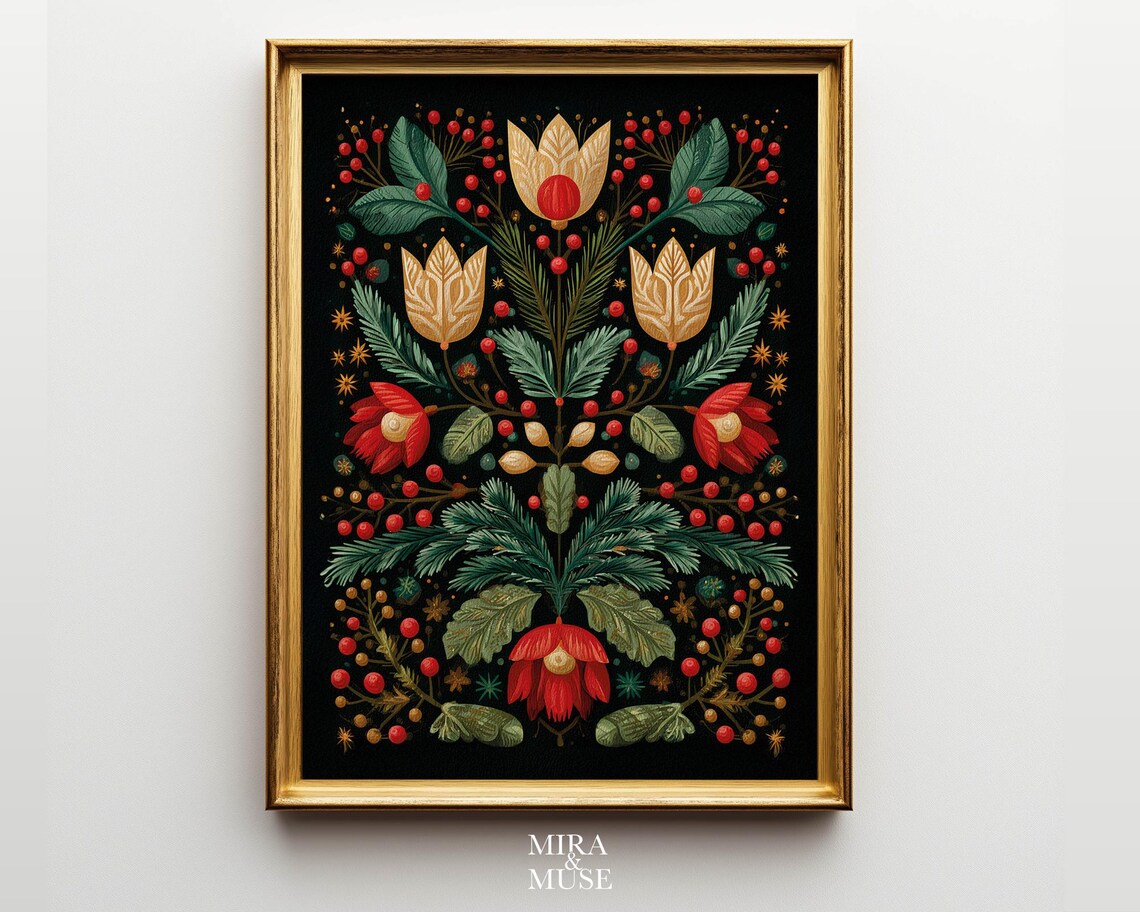 Winter Scandinavian Folk Art Floral Red Tulip Berries Poster