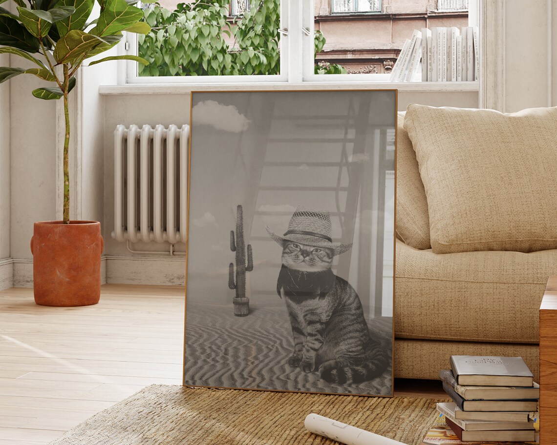 Cowboy Cat Minimalist Retro Western Art Print - Image 2