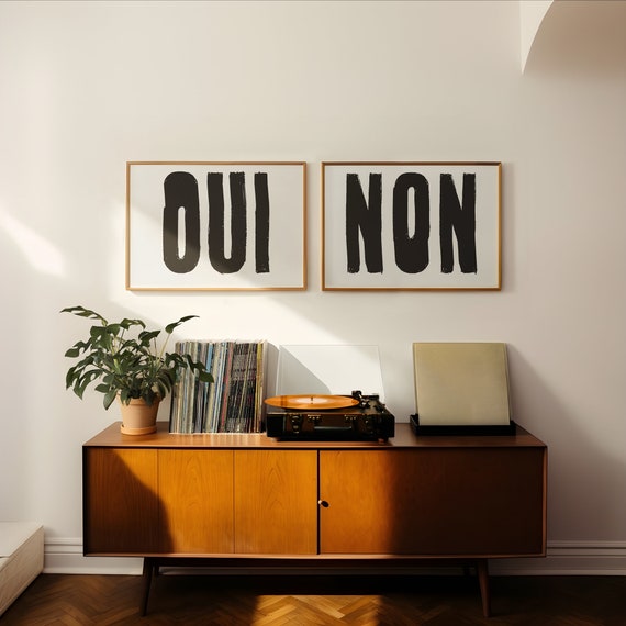 Modern French Art Print Bundle Typography Wall Art France Oui Non Posters Horizontal Art Minimalist Gallery Wall Art Duo