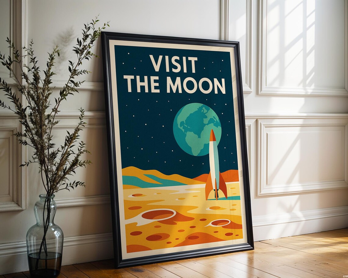 Visit the Moon Retro Space Travel Poster Rocket Midcentury Art
