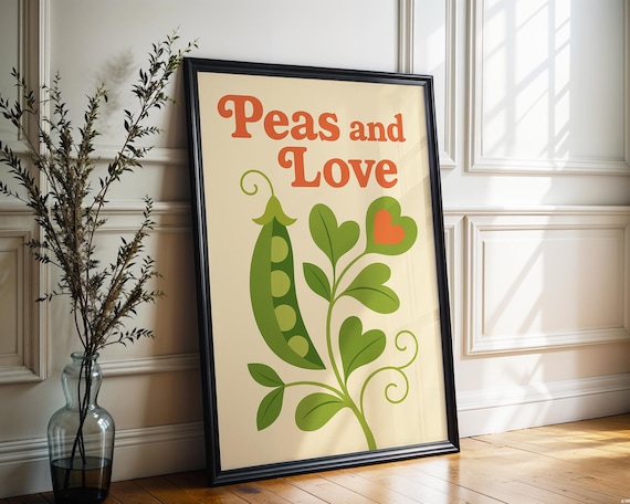 Peas and Love Funny Groovy Cheerful Retro Kitchen Veggie Poster