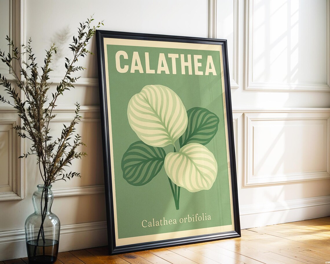 Calathea Orbifolia Print Retro Sage Green Botanical Wall Art