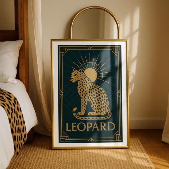 Art Deco Leopard Print Elegant Gold Teal Animal Illustration