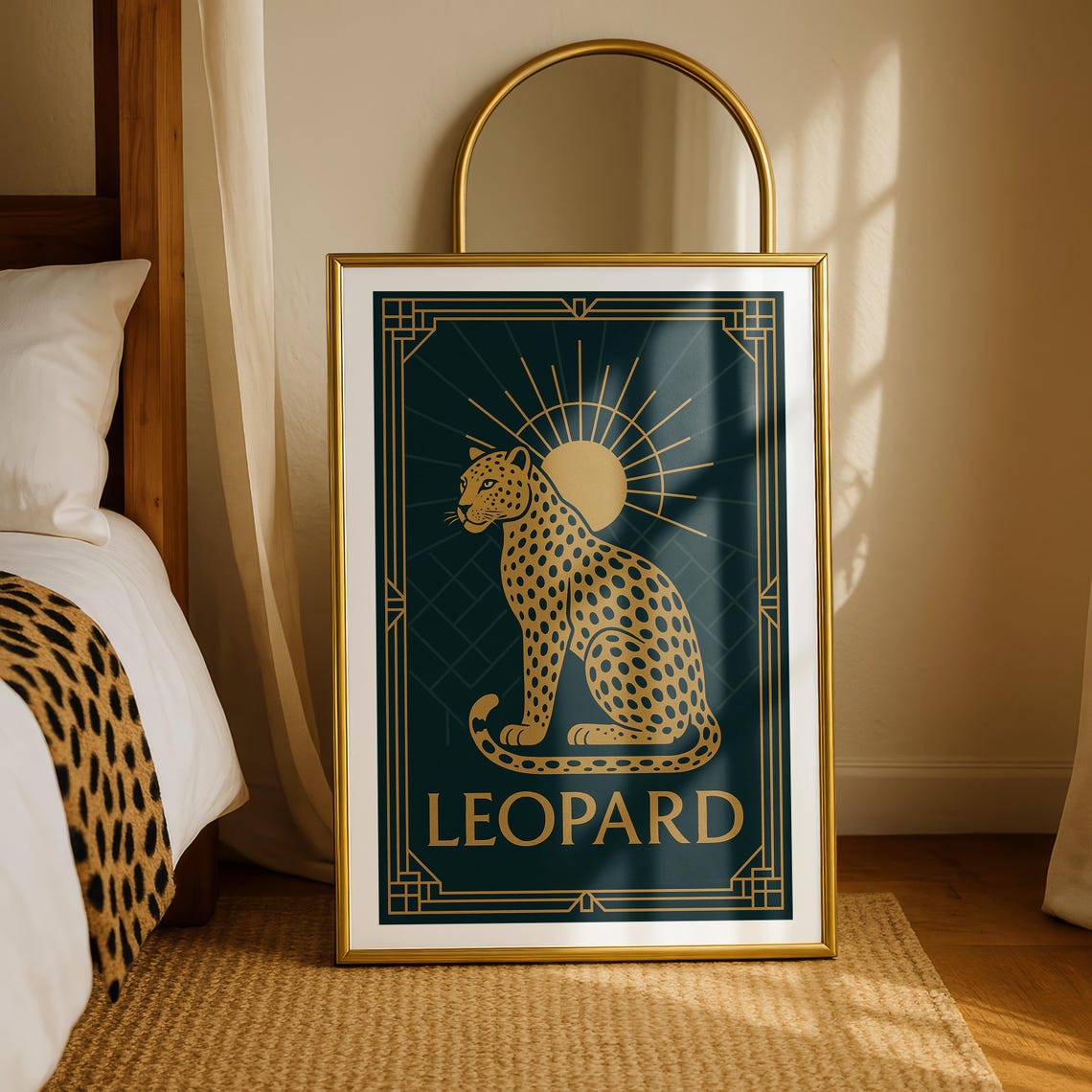 Art Deco Leopard Print Elegant Gold Teal Animal Illustration