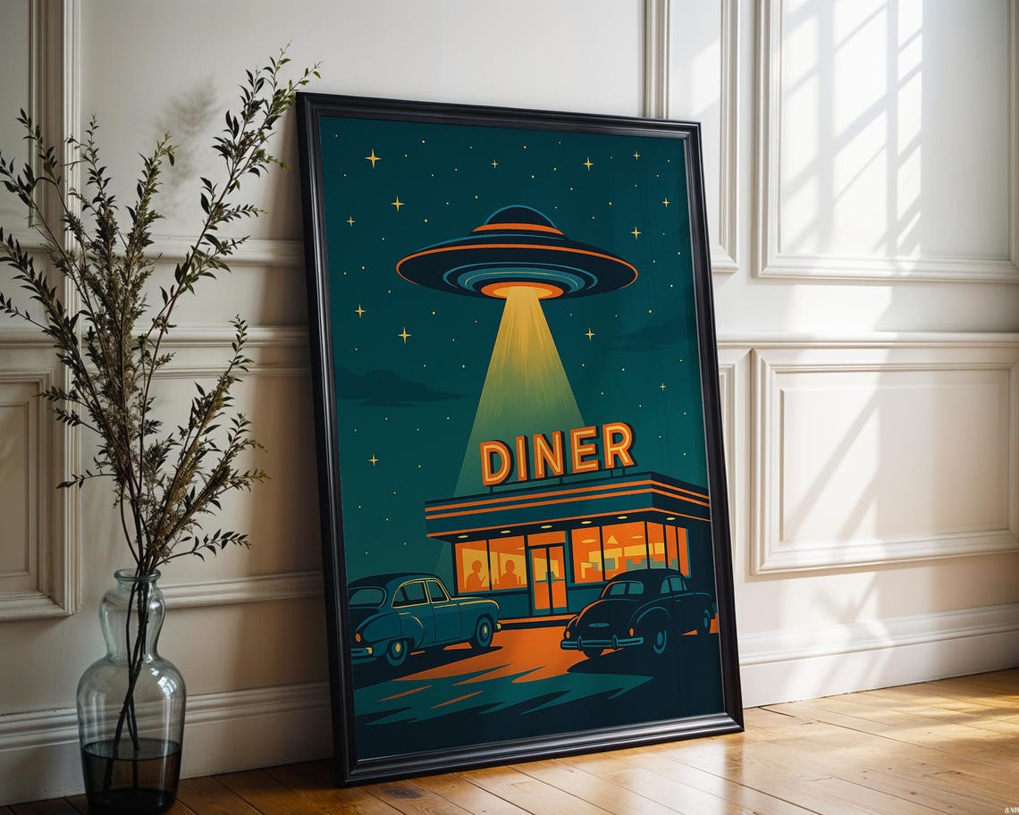 UFO Beaming Over Retro Diner Classic Cars Night Sky Wall Poster