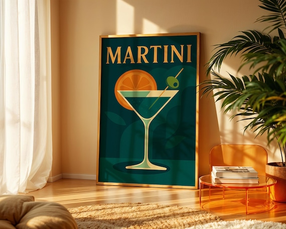 Martini Retro Cocktail Bar Art Vintage Teal and Gold Style Poster