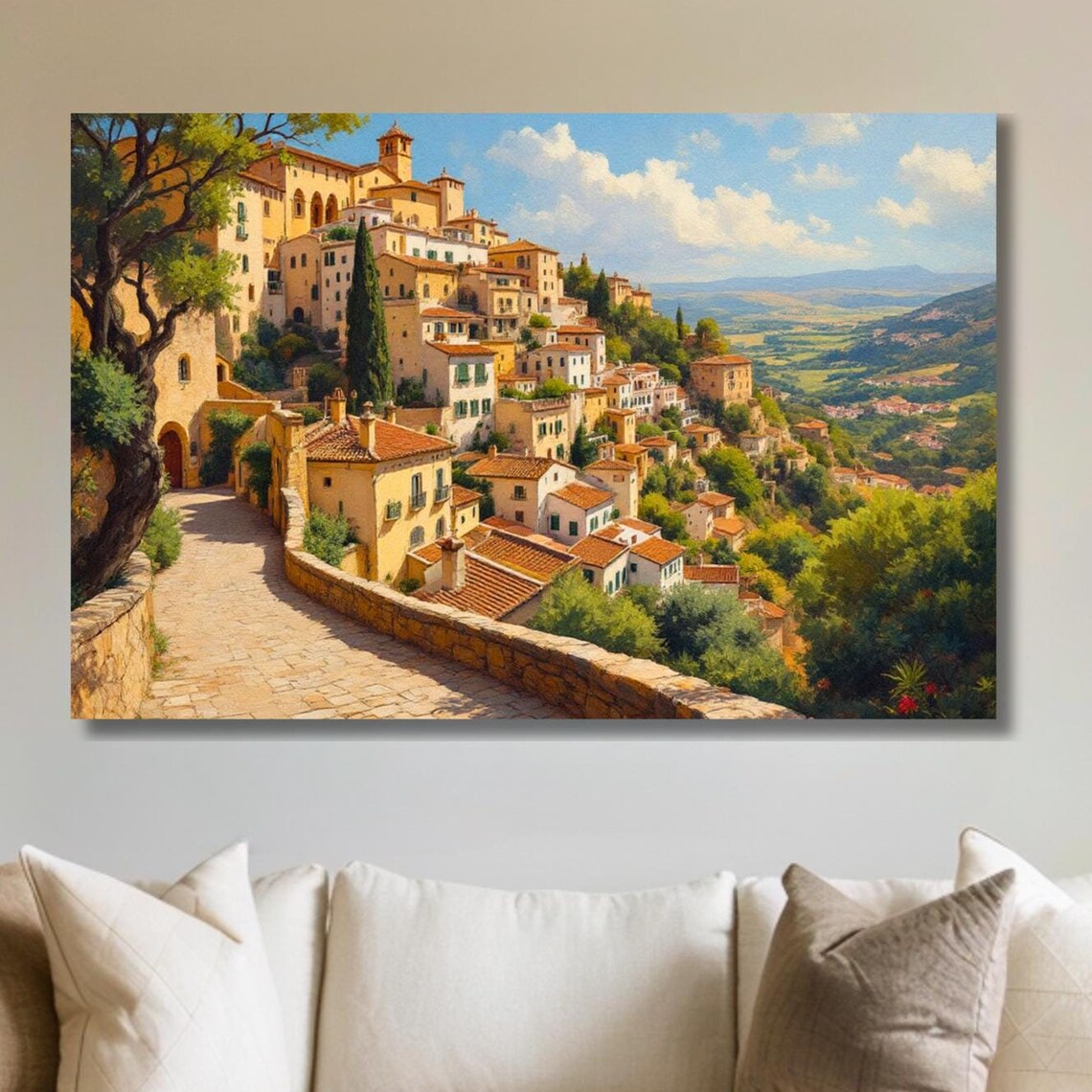 Sunlit Hilltop Village Terracotta Roofs Mediterranean Poster