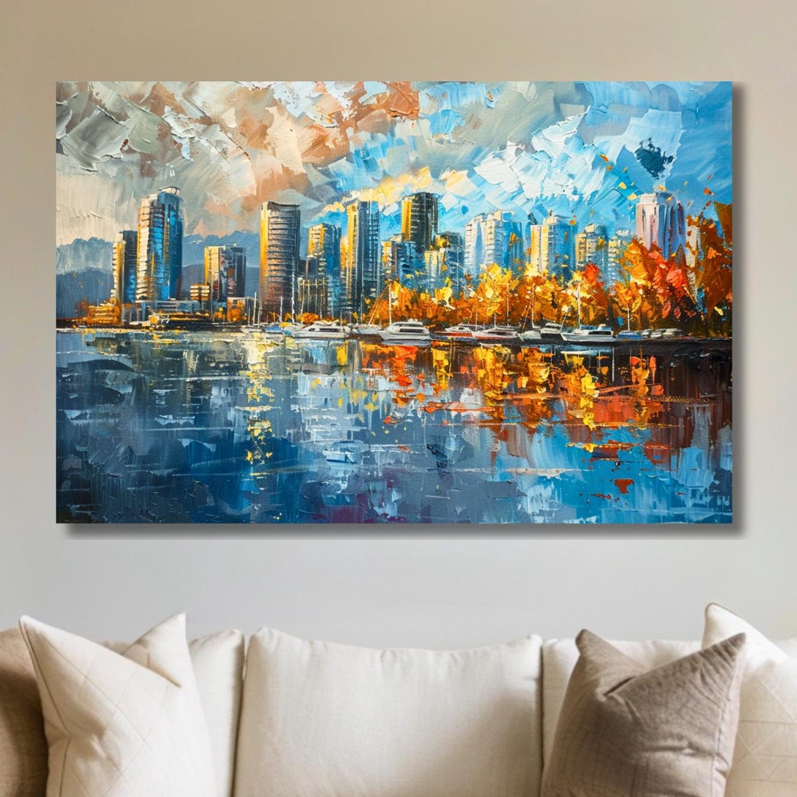 Colorful Harbor City Skyline Reflection Bold Oil Style Poster