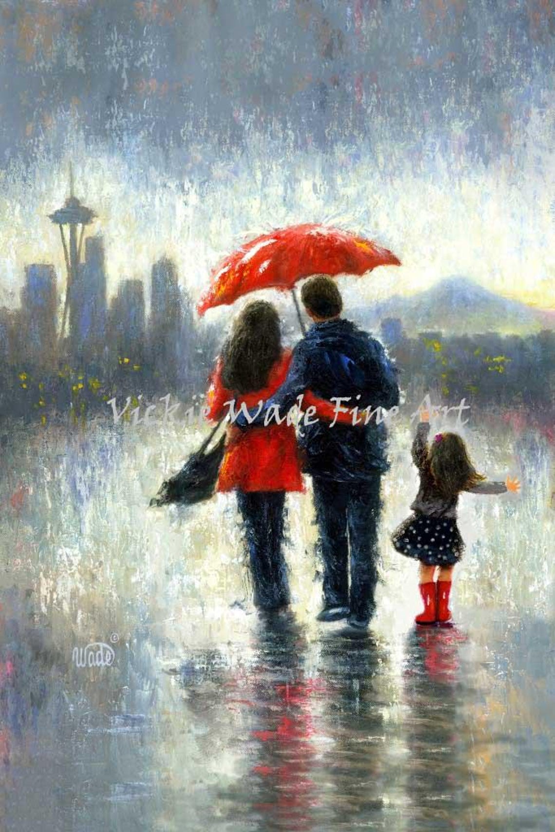 Family in Seattle Rain with Space Needle Red Umbrella Poster