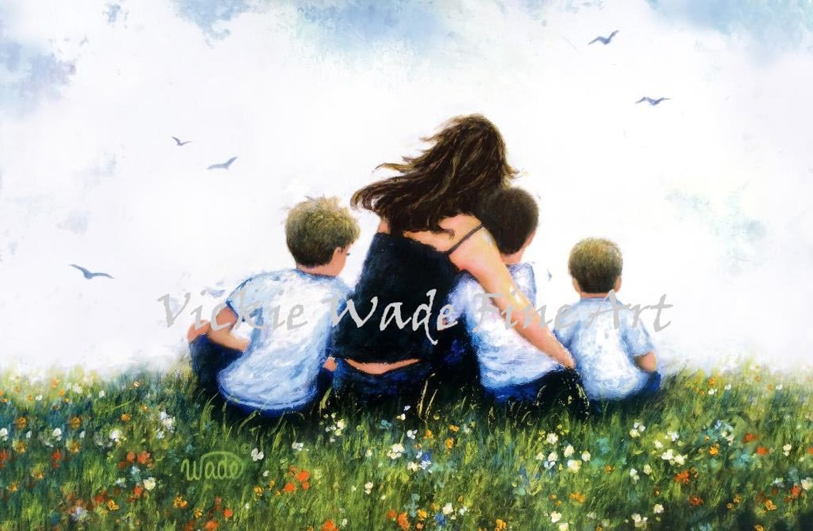 Brunette Mother with Three Sons in a Wildflower Meadow Poster