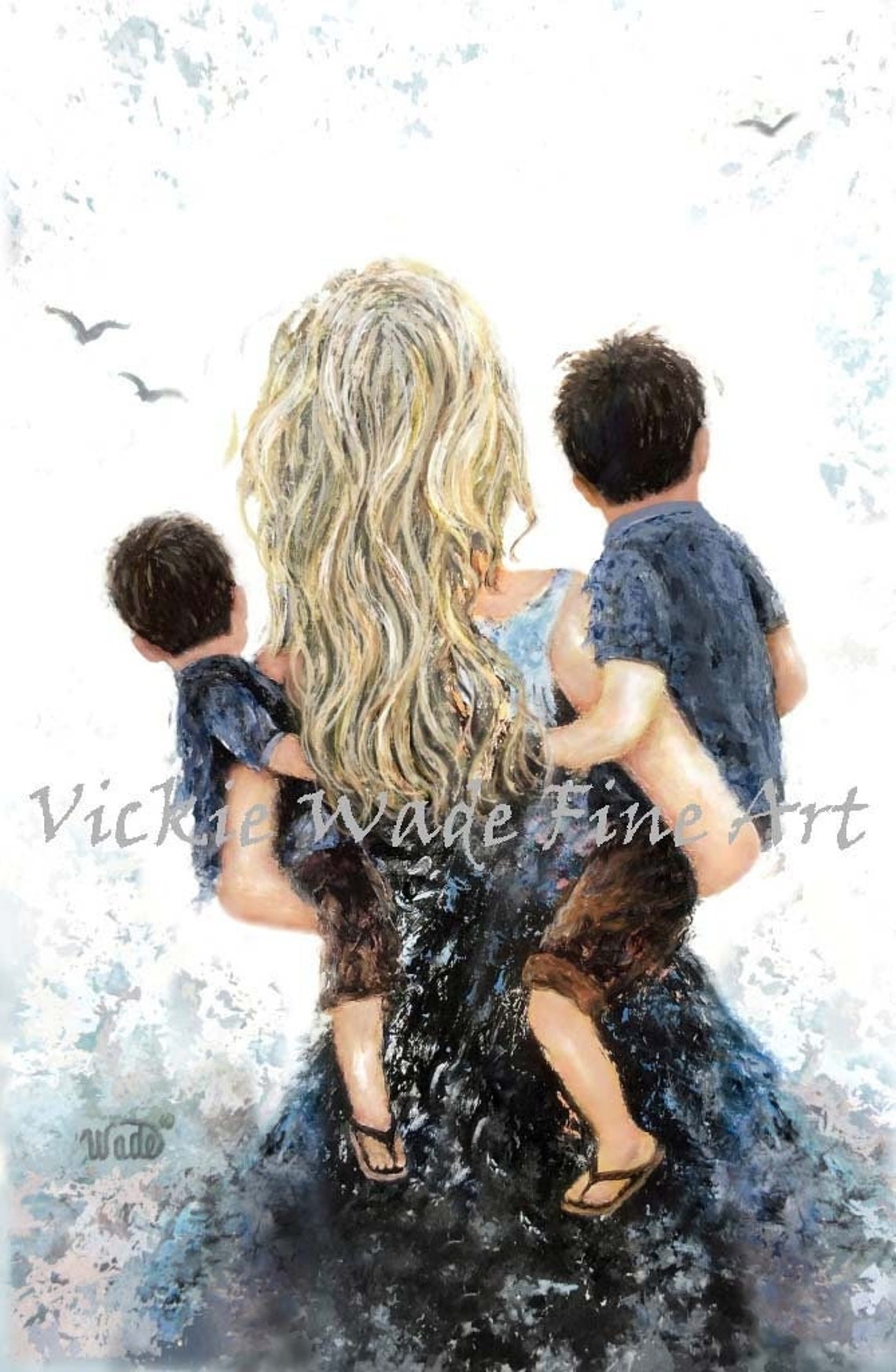 Blonde Mother Carrying Two Sons From Behind White Background Poster