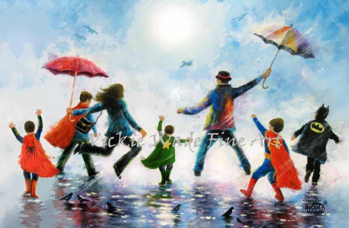 Family of Seven in Superhero Capes Playing in the Rain Poster