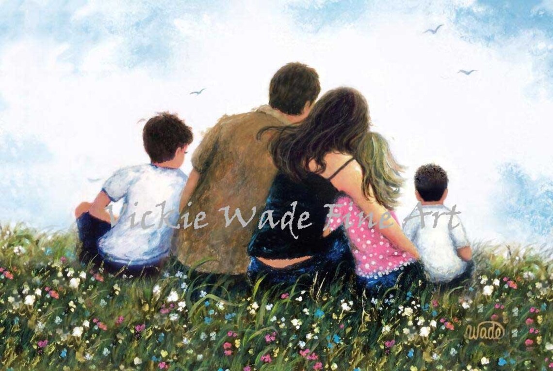 Family of Five Sitting in Wildflower Meadow Summer Sky Poster