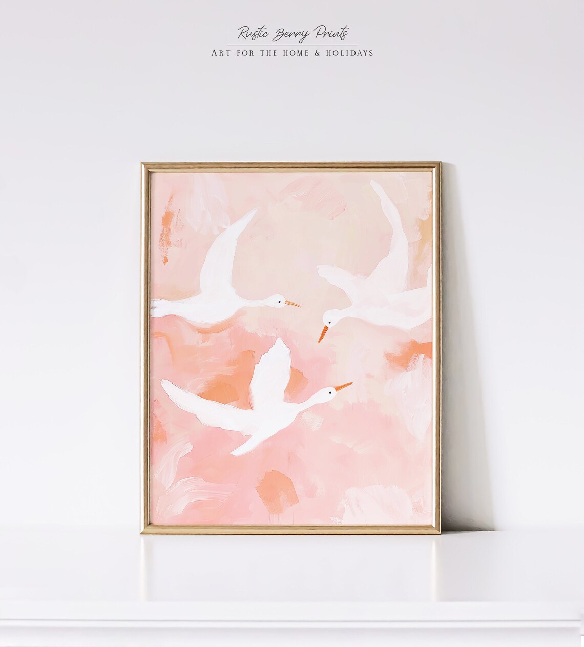 Three White Geese Flying Blush Pink Modern Nursery Painting Wall Art