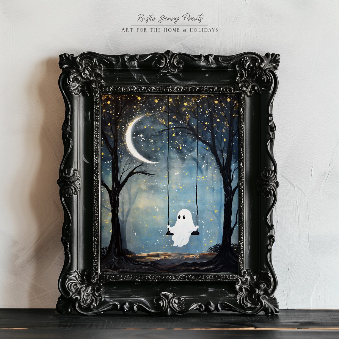 Ghost On Swing Under Crescent Moon In Starry Forest Night Print