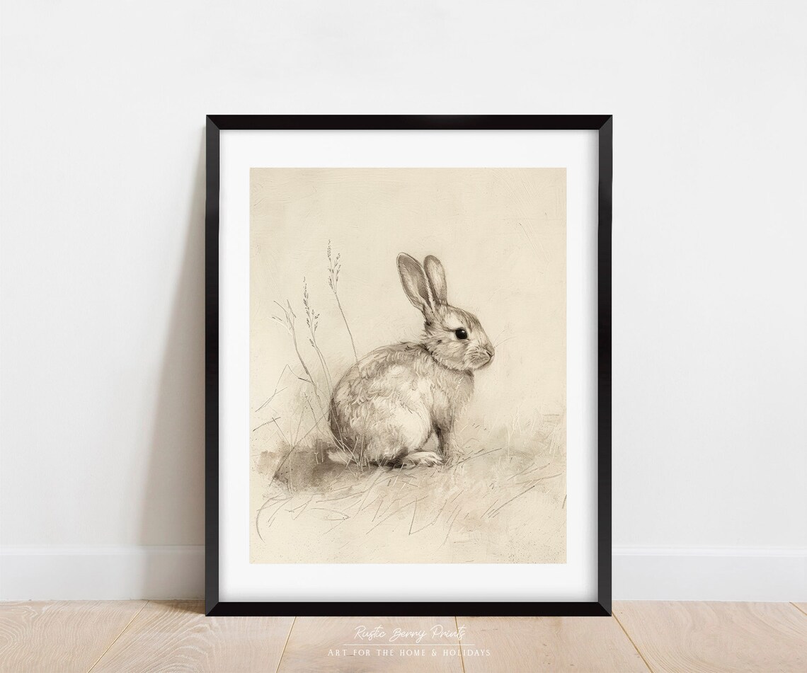 Small Bunny Sitting In Grasses Soft Pencil Sketch Neutral Nursery Print - Image 3