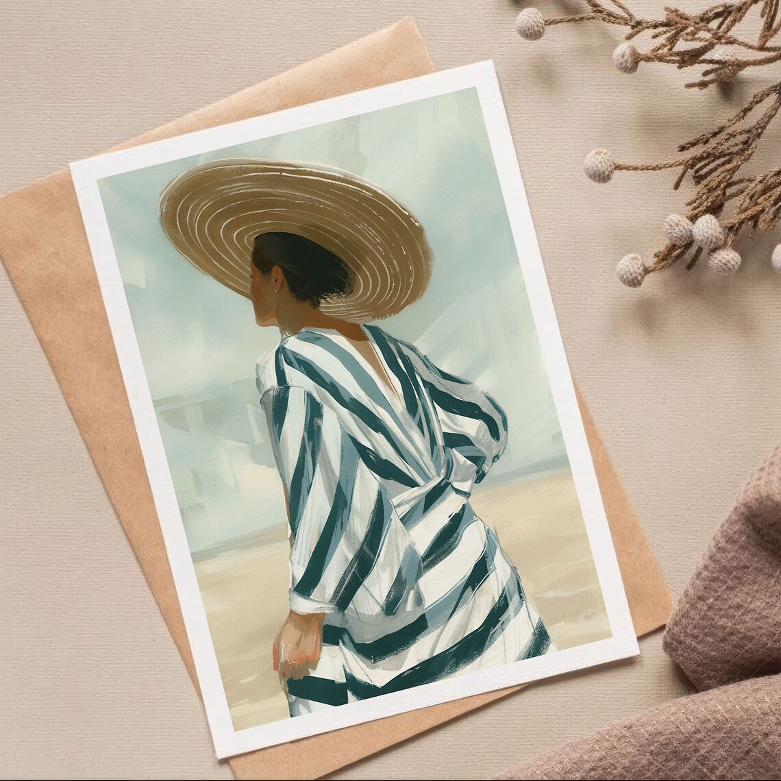 Woman in Striped Dress and Sun Hat at Beach Watercolor Poster