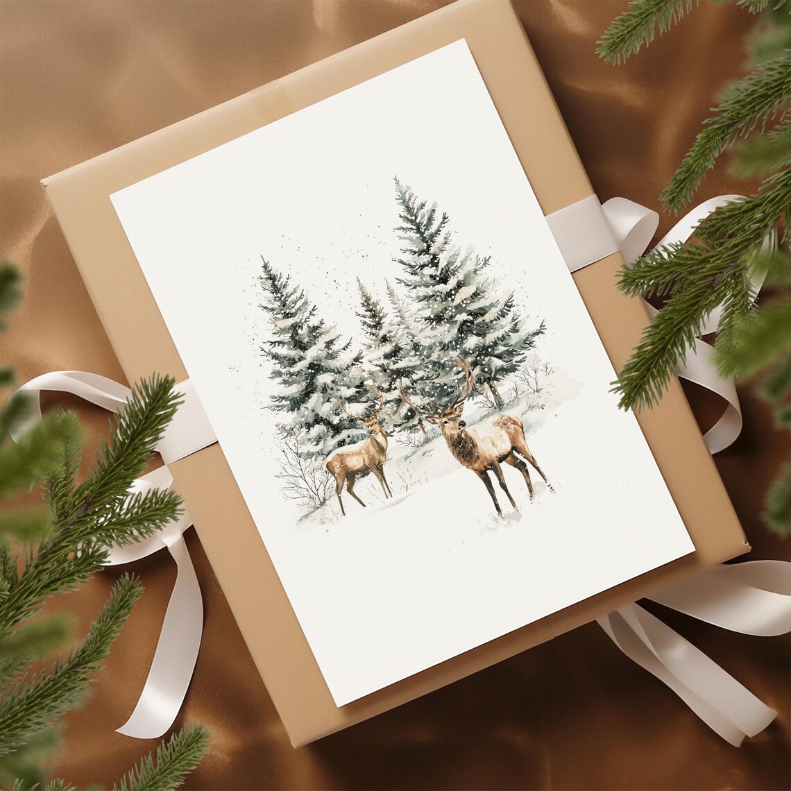Watercolor Two Deer in Snowy Pine Forest Winter Wildlife Poster - Image 2