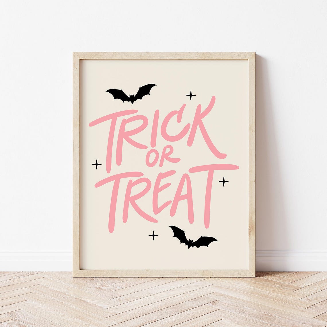 Trick or Treat Pink Script Lettering with Black Bats Halloween Poster