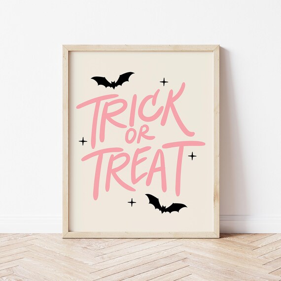 Trick or Treat Pink Script Lettering with Black Bats Halloween Poster