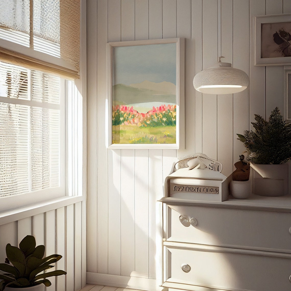 Tulip Field Watercolor Pink Spring Meadow Landscape Wall Art - Image 3