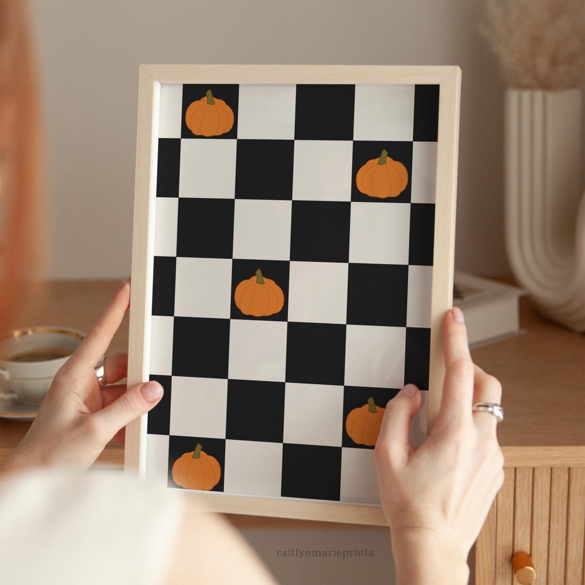 Orange Pumpkins on Black and Cream Checkerboard Halloween Poster - Image 2