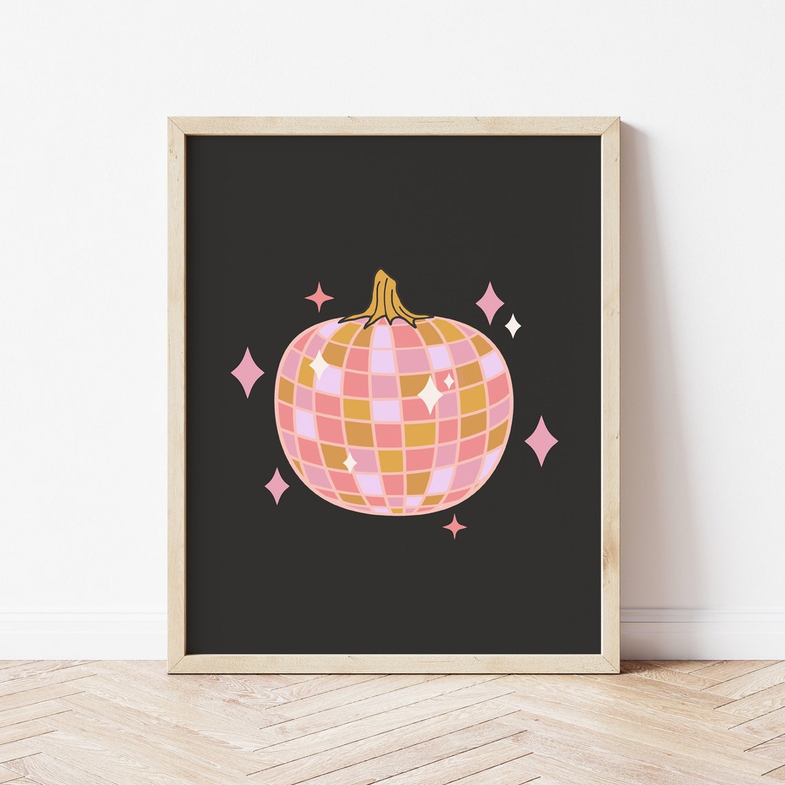 Disco Ball Pumpkin in Pink and Gold on Black Halloween Poster