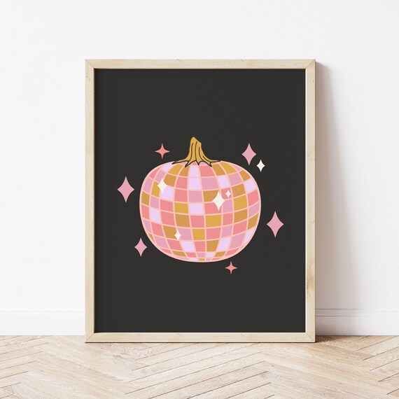 Disco Ball Pumpkin in Pink and Gold on Black Halloween Poster