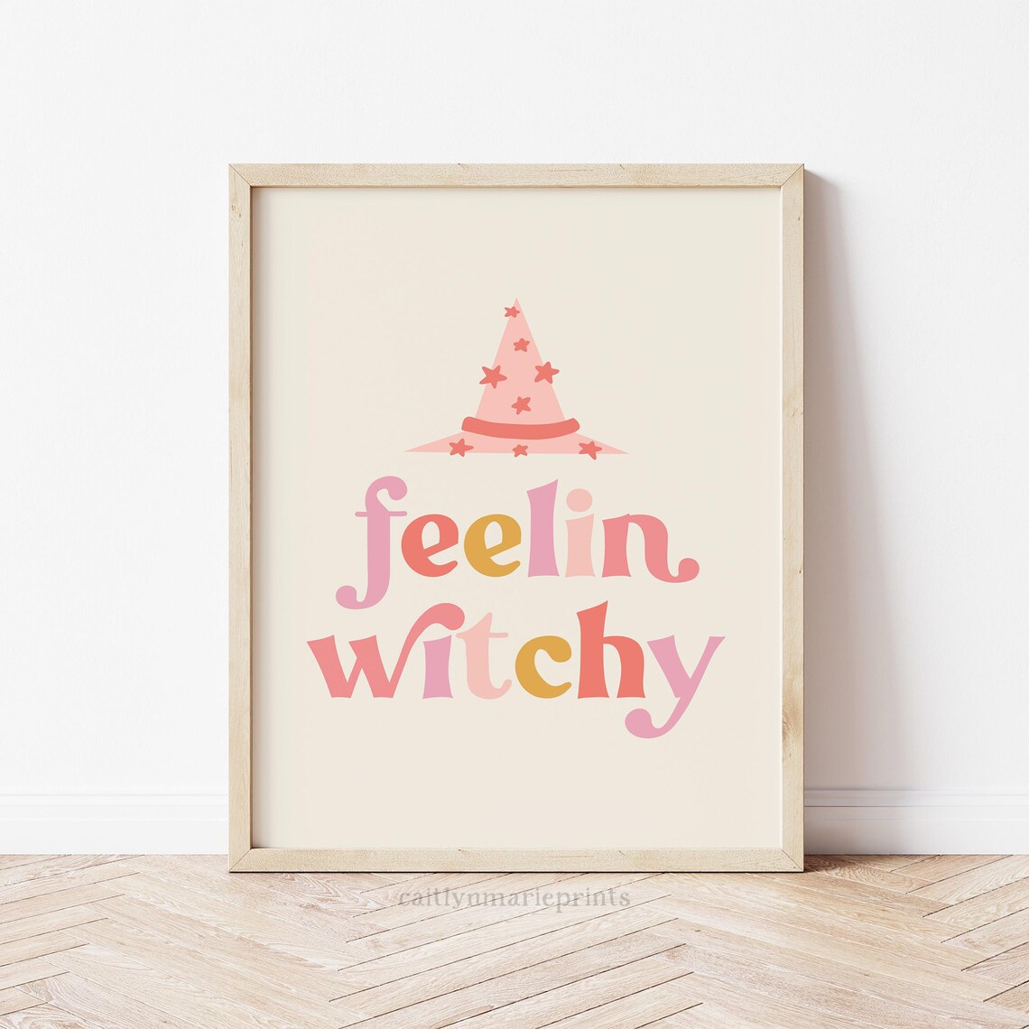 Feelin Witchy Retro Lettering with Pink Star Witch Hat Poster