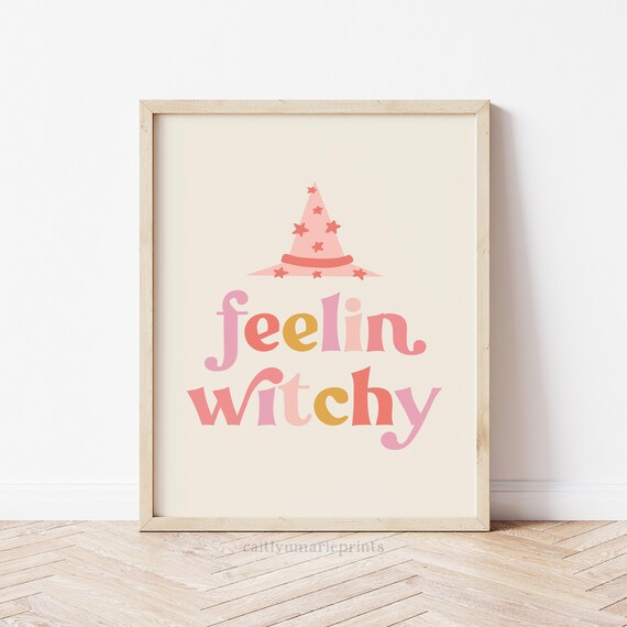 Feelin Witchy Retro Lettering with Pink Star Witch Hat Poster