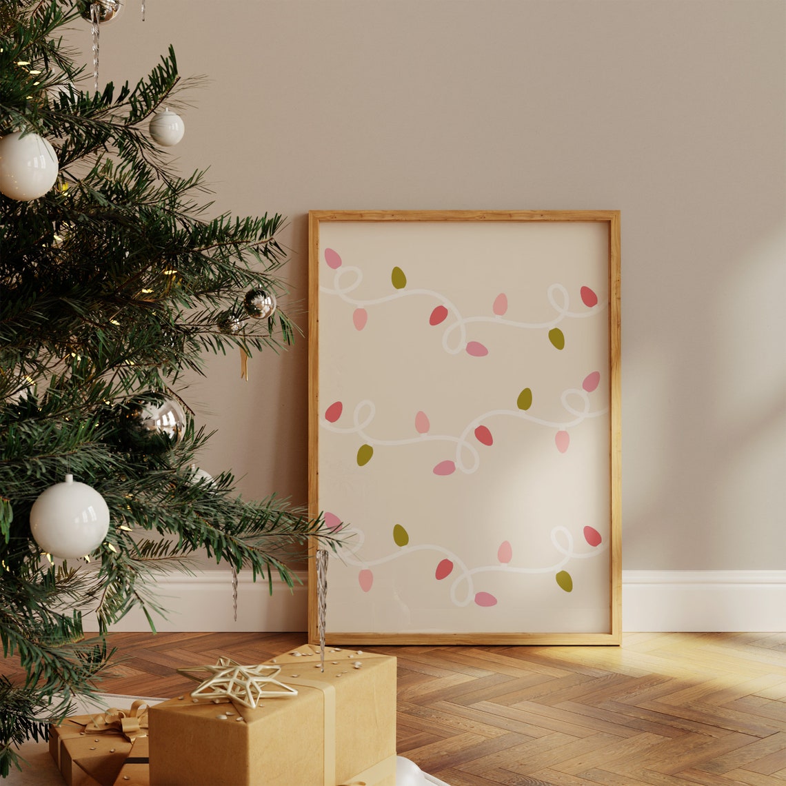Colorful Christmas String Lights Pattern Modern Holiday Wall Art - Image 3