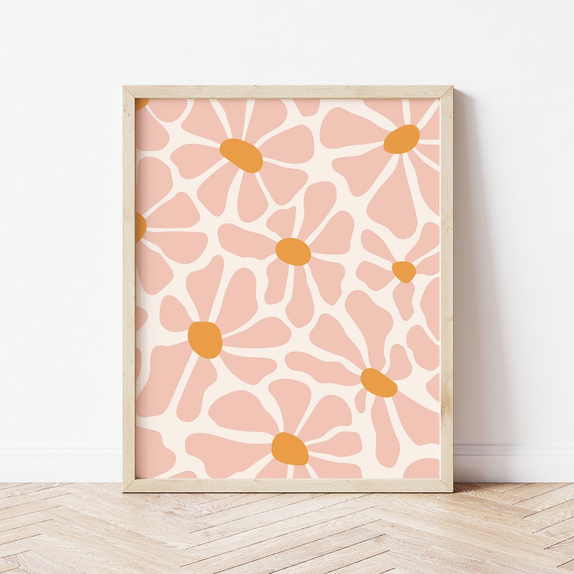 Retro Groovy Daisy Pattern Pink Orange 70s Flower Power Wall Art