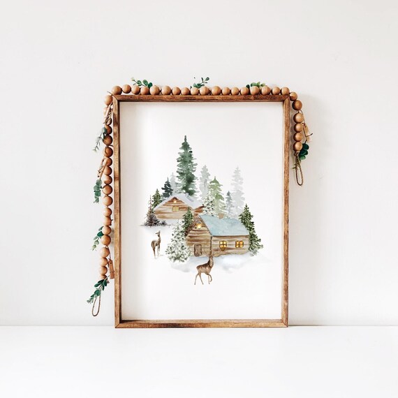 Rustic Winter Cabins with Deer Watercolor Woodland Christmas Poster