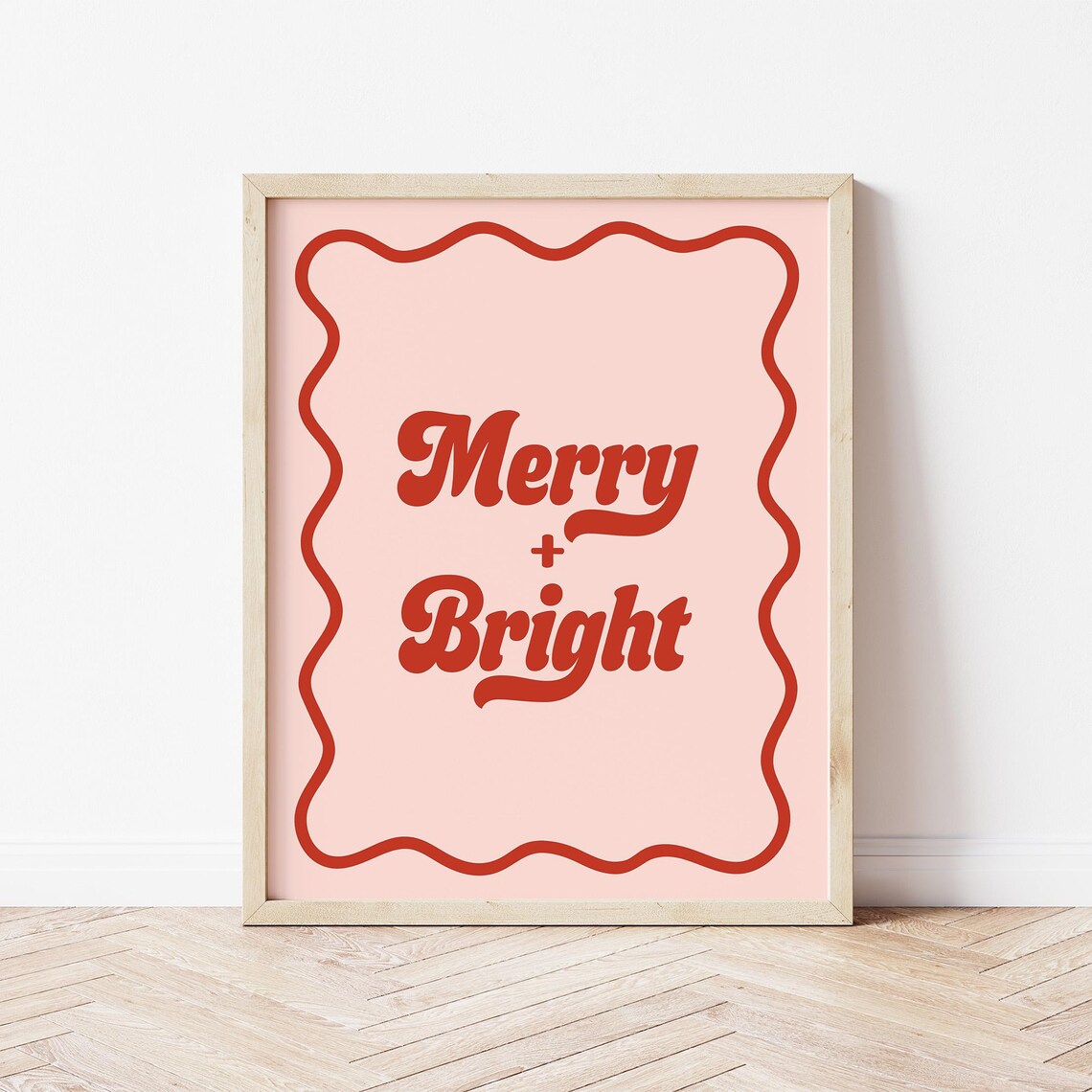 Merry and Bright Wavy Border Retro Pink Christmas Holiday Poster