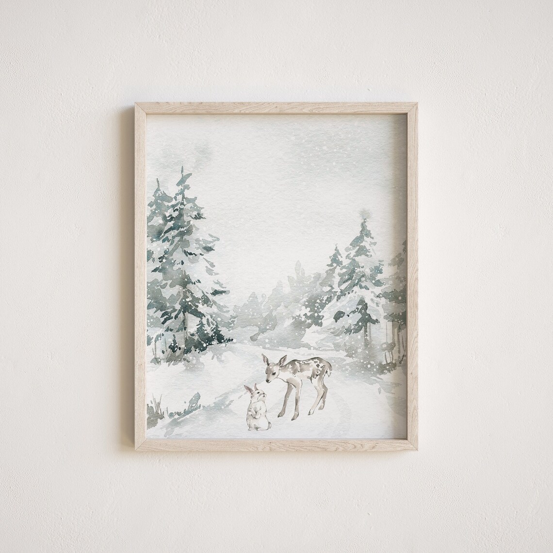 Baby Deer and Bunny Snowy Winter Forest Watercolor Nursery Wall Art - Image 2