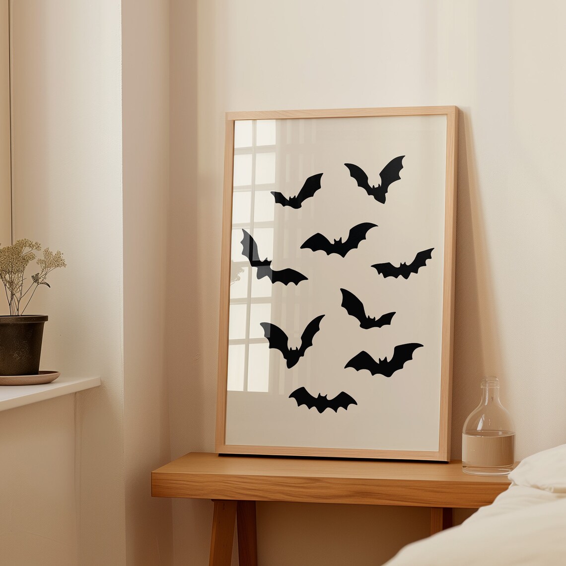 Nine Black Bat Silhouettes Scattered on Cream Minimalist Poster - Image 3