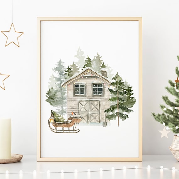 Rustic Barn with Christmas Sleigh Watercolor Vintage Holiday Poster