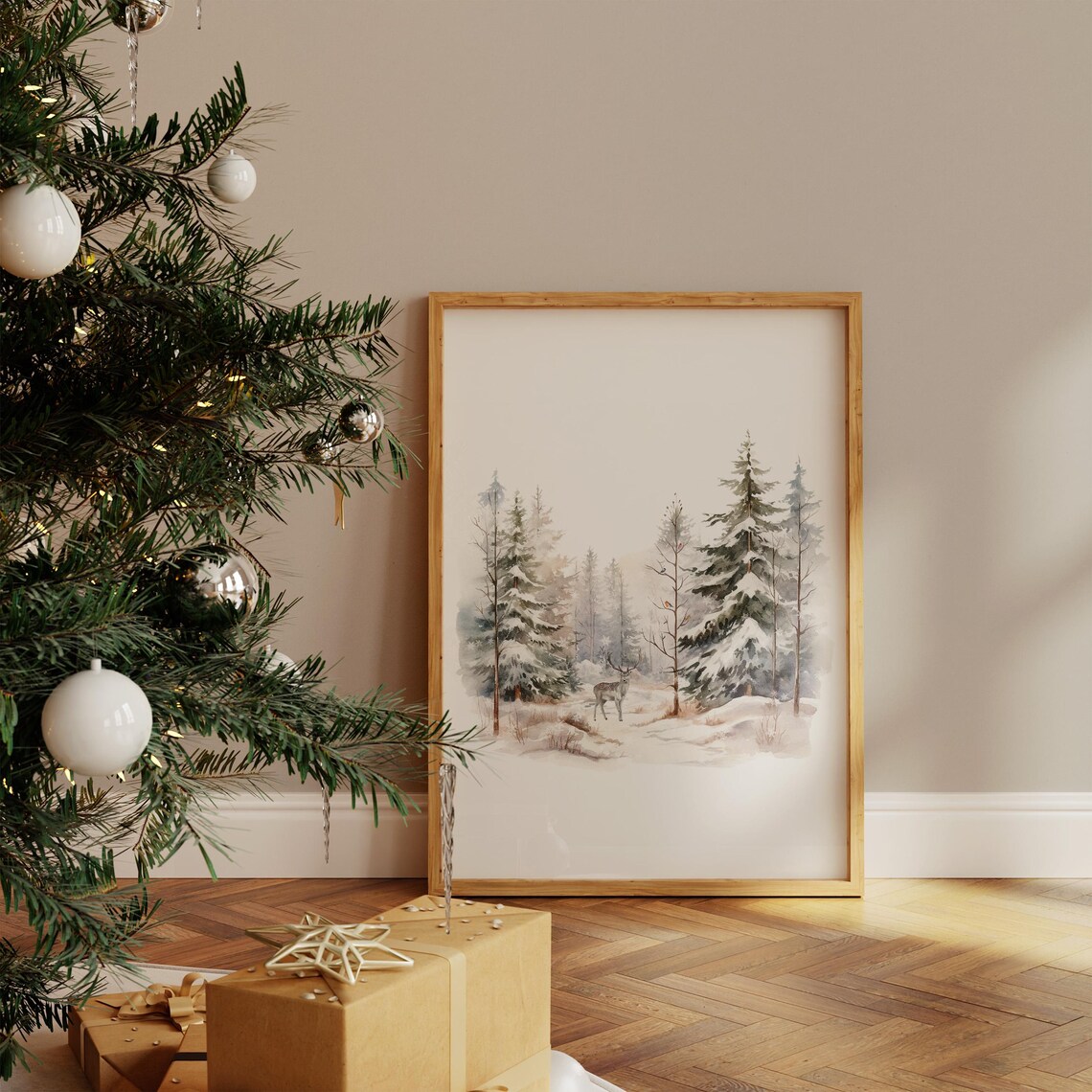 Winter Deer Snowy Pine Forest Watercolor Wildlife Art Poster - Image 2